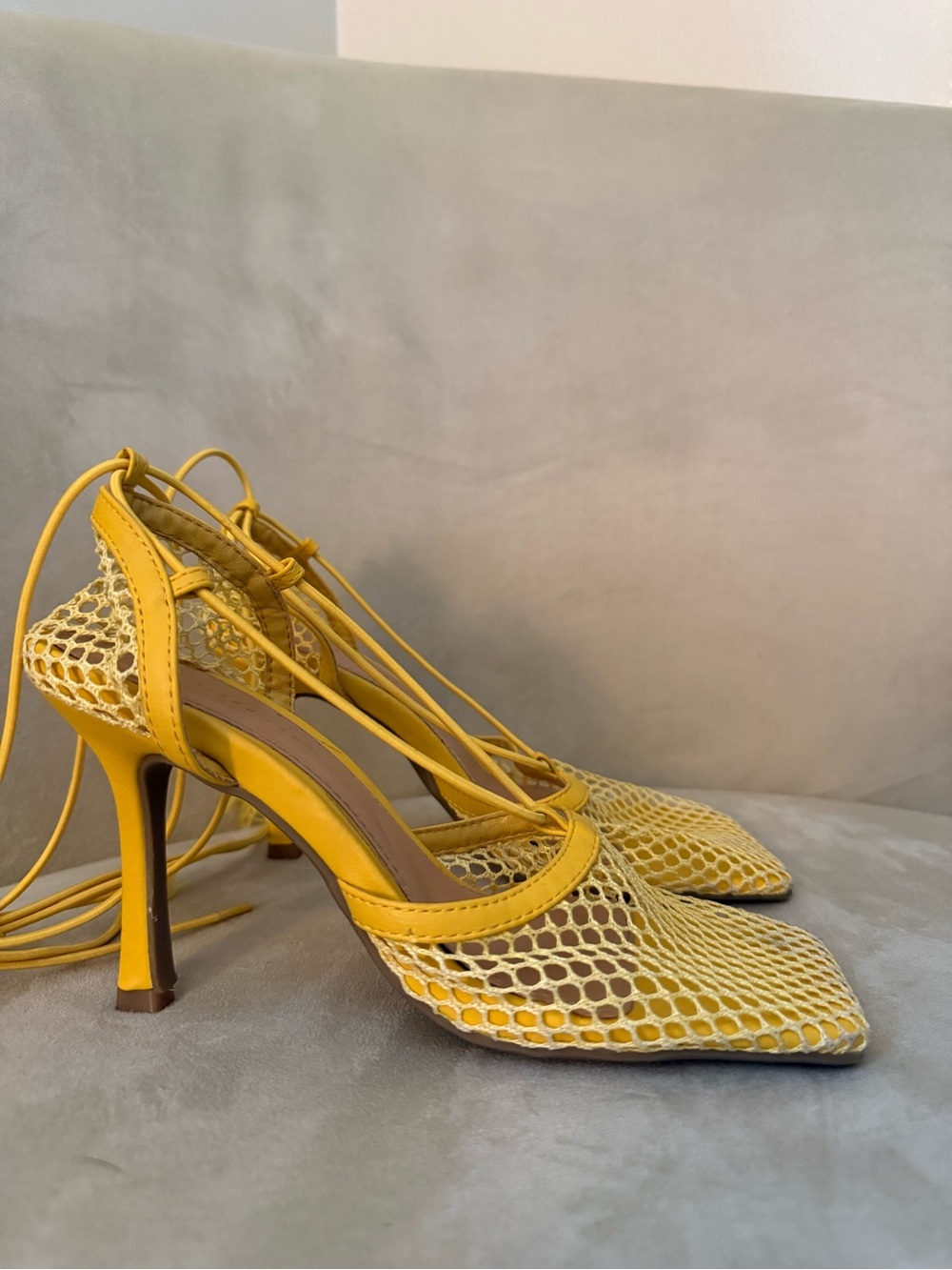 Yellow Lace-Up Mesh Pointed Toe Heels